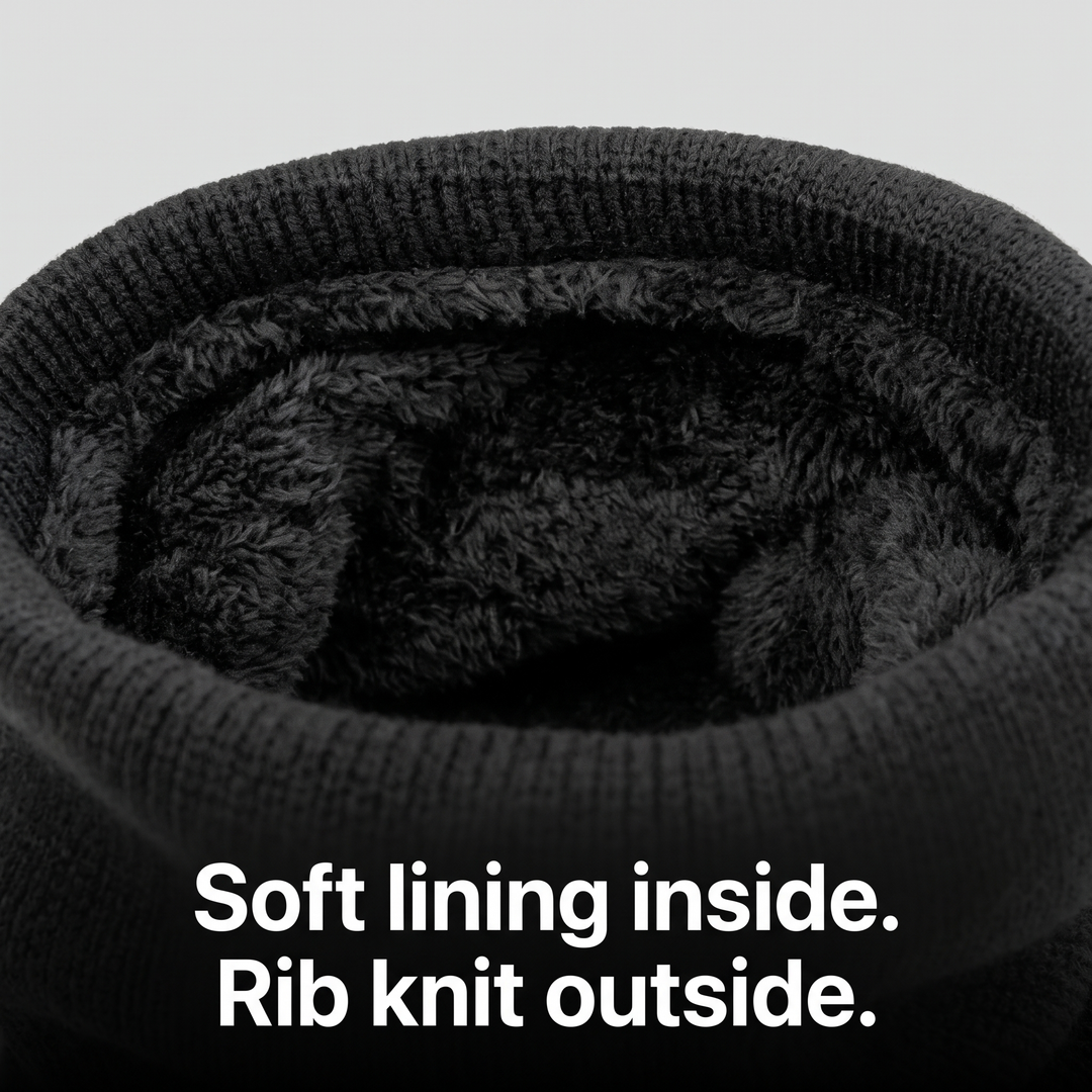 Close-up of the plush lining inside the rib knit neck warmer