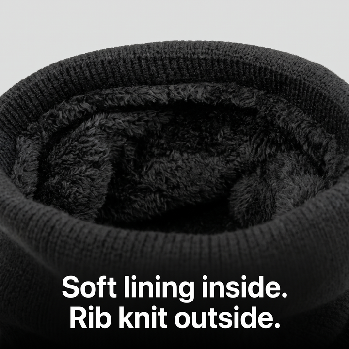 Close-up of the plush lining inside the rib knit neck warmer