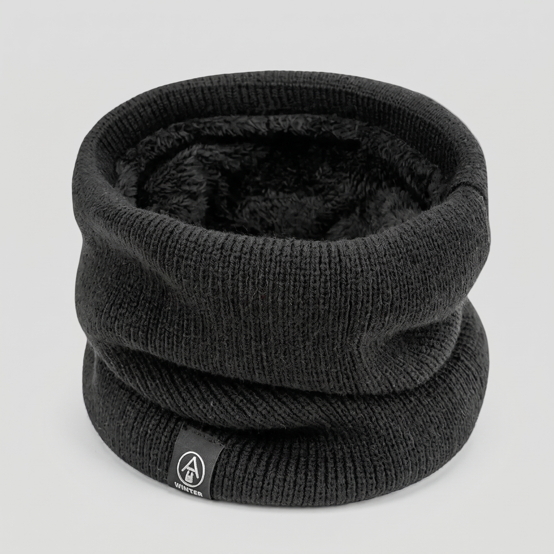 Black plush lined knit neck gaiter, front view
