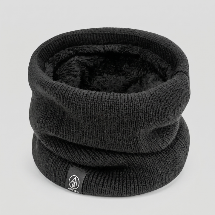 Black plush lined knit neck gaiter, front view