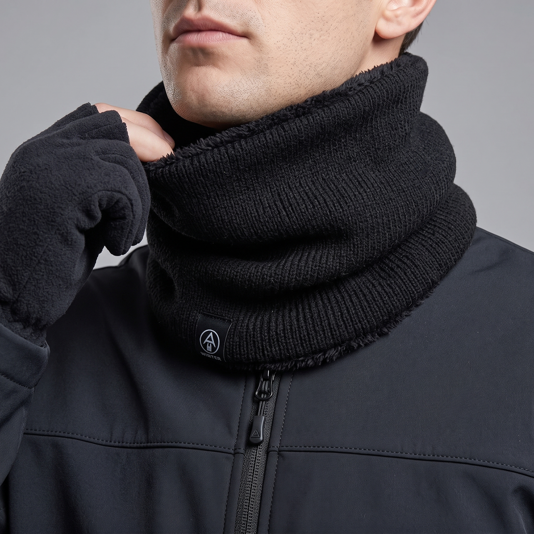Neck gaiter filling a zipped jacket collar up to the chin