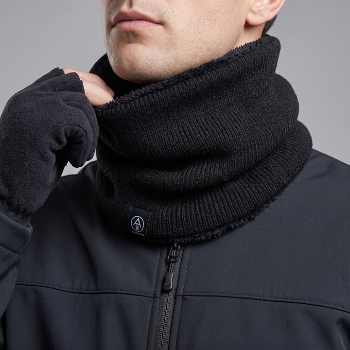 Neck gaiter filling a zipped jacket collar up to the chin