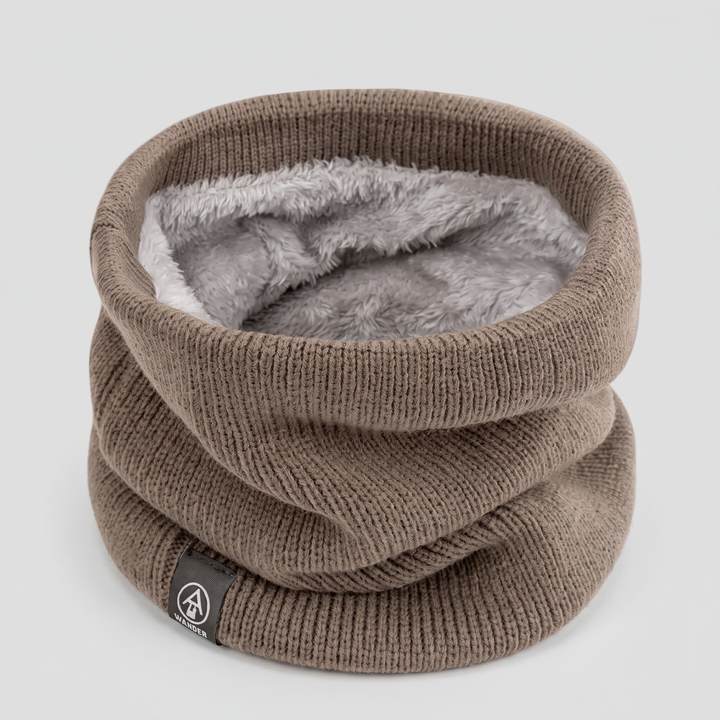 Khaki plush lined knit neck gaiter, front view