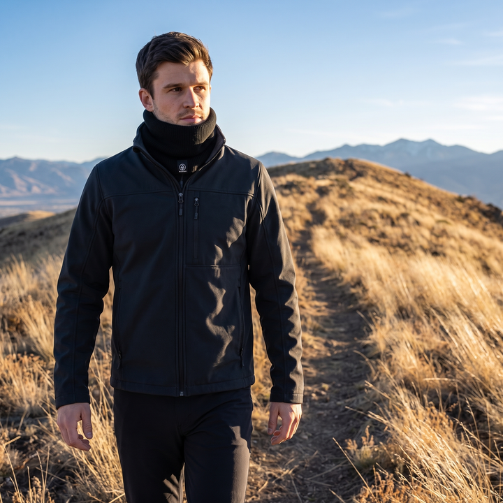 Hiker on a ridge trail wearing the neck gaiter in his jacket collar