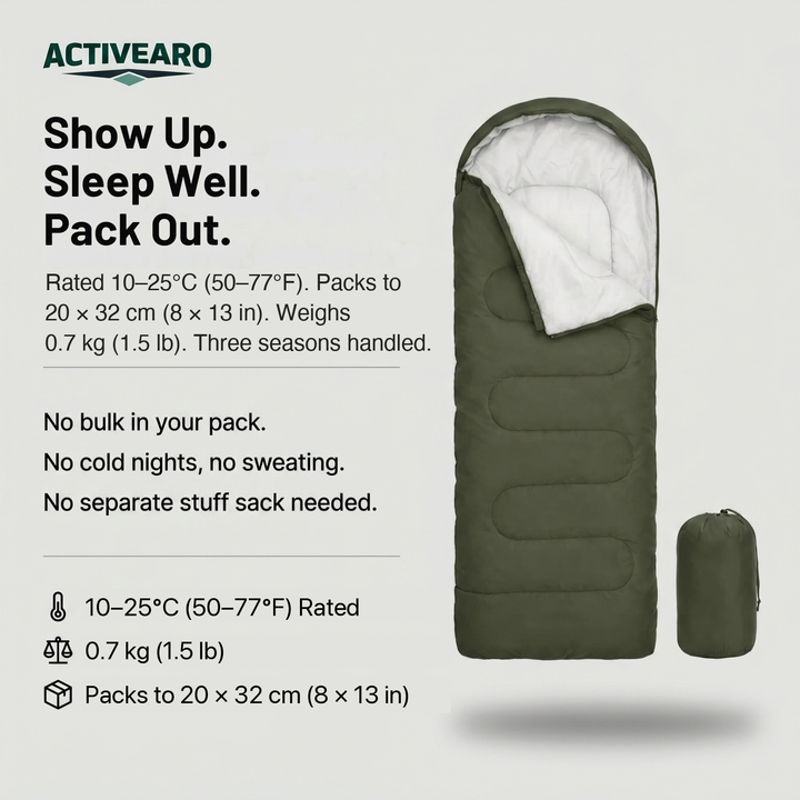 Camping sleeping bag rated 10-25°C (50-77°F), packs to 20 x 32 cm (8 x 13 in), weighs 0.7 kg (1.5 lb)