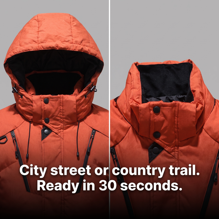Men's Puffer Jacket detachable hood shown in two states - hood attached and hood removed