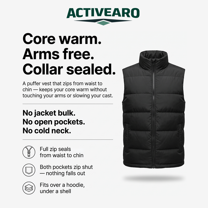 Activearo puffer vest infographic: full zip, zip pockets, fits over a hoodie