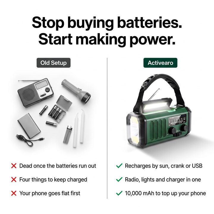 Batteries, flashlight, candles and power bank compared with the solar hand crank emergency radio