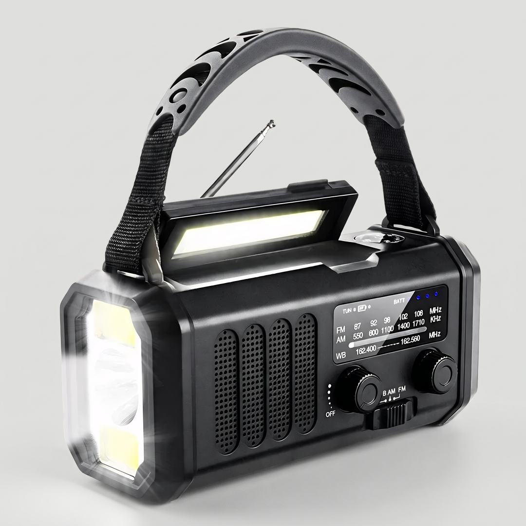 Black NOAA weather radio with 10000mAh power bank, reading lamp and flashlight lit
