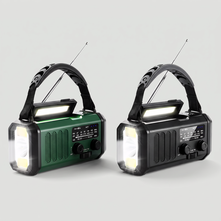Emergency weather radio in green and black side by side