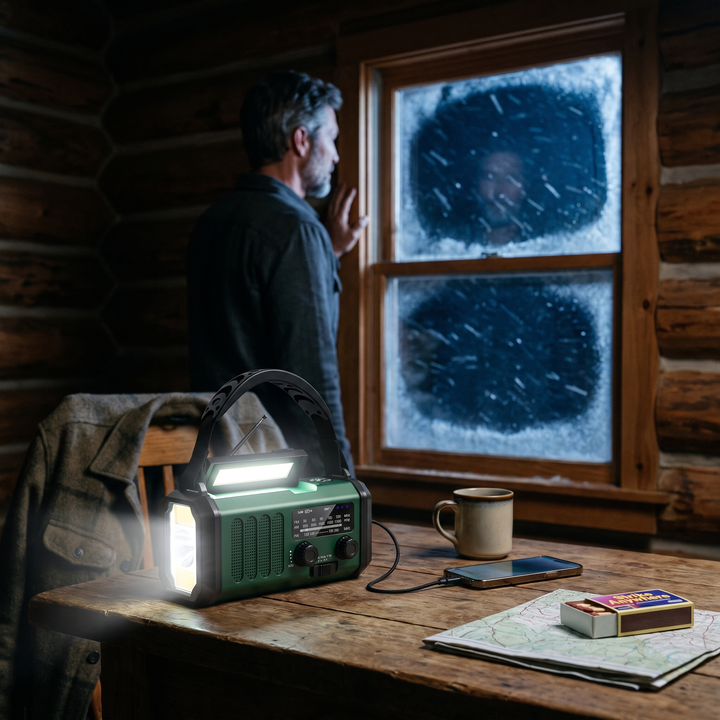 Emergency radio lighting a cabin table and charging a phone during a winter storm power outage