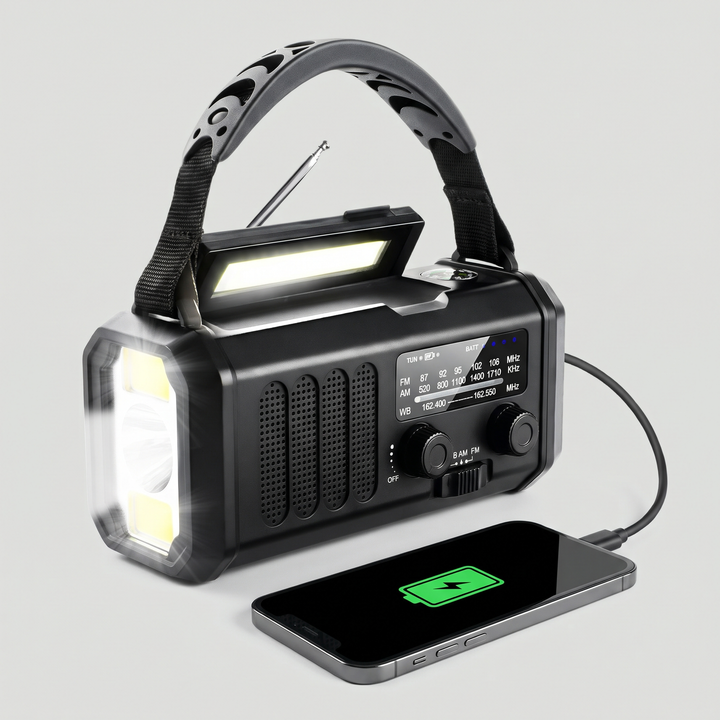 Black emergency weather radio charging a phone from its USB output, shown at true size