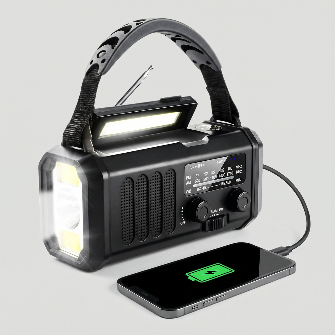 Black emergency weather radio charging a phone from its USB output, shown at true size