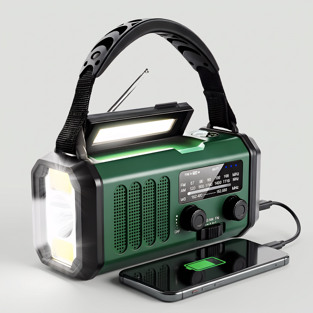 Green emergency weather radio charging a phone from its USB output, shown at true size