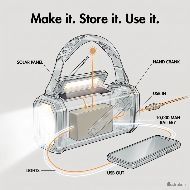 Illustration of how the emergency radio makes, stores and uses power: the solar panel, the hand crank on the back and USB input charge the 10,000 mAh battery, which runs the lights and charges a phone