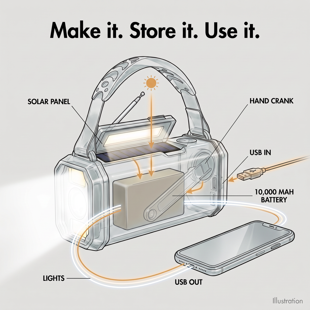 Illustration of how the emergency radio makes, stores and uses power: the solar panel, the hand crank on the back and USB input charge the 10,000 mAh battery, which runs the lights and charges a phone