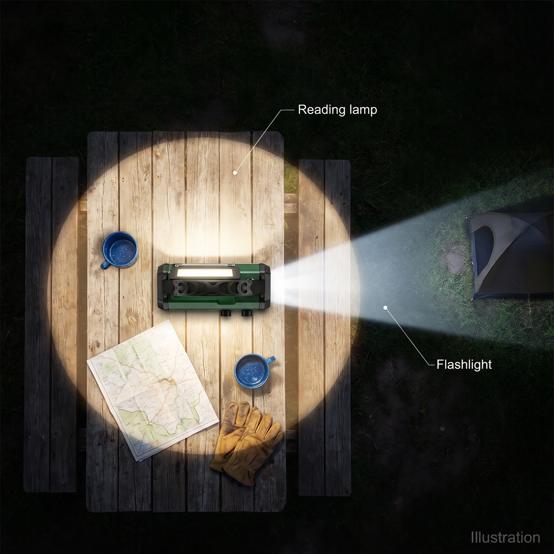 Illustration from above of the radio reading lamp lighting a camp table and the flashlight beam