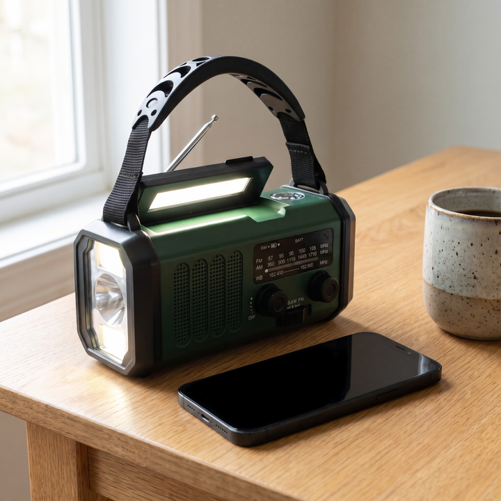 Emergency weather radio next to a smartphone on a table, shown at true size