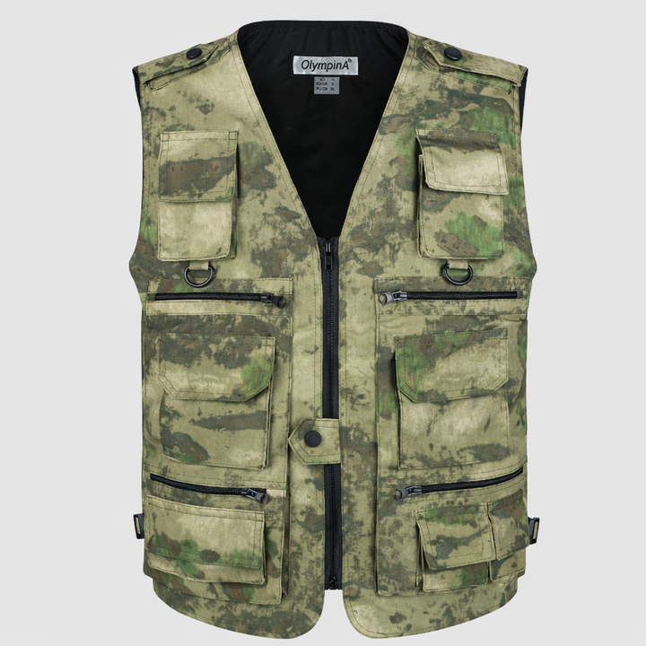 Camouflage vest with multiple pockets and a visible brand logo on a light gray background