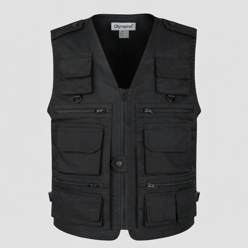 Black vest with multiple pockets and a visible brand label on a light gray background