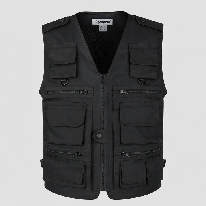Black vest with multiple pockets and a visible brand label on a light gray background