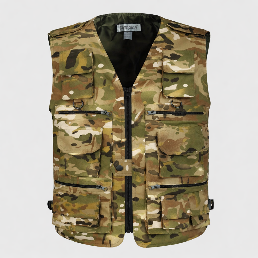 Camouflage vest with multiple pockets and zippers on a light gray background