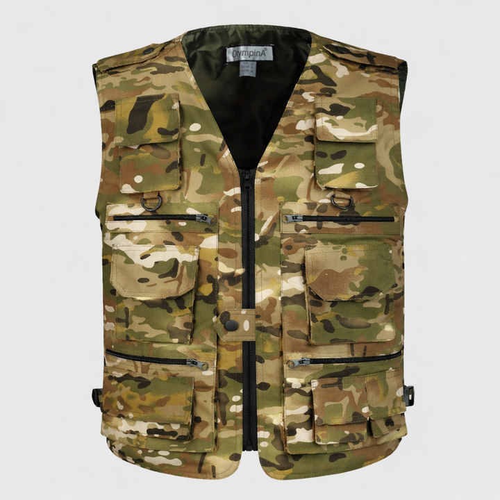 Camouflage vest with multiple pockets and zippers on a light gray background