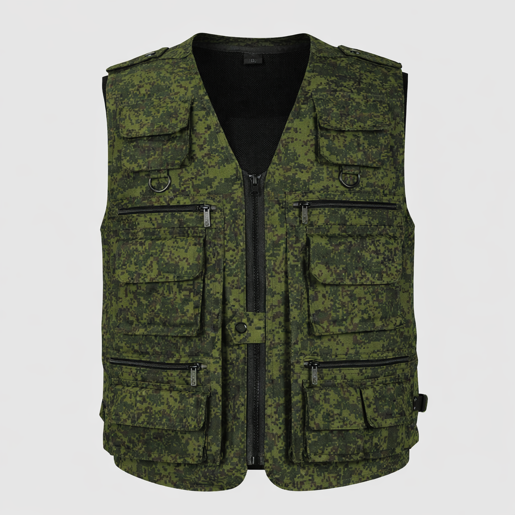 Green camouflage vest with multiple pockets on a light gray background