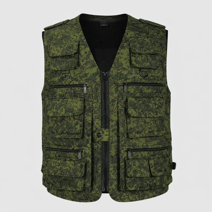 Green camouflage vest with multiple pockets on a light gray background
