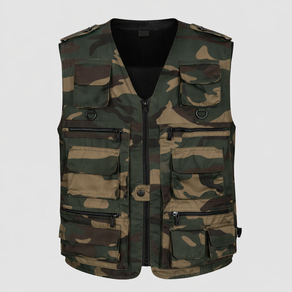 Camouflage vest with multiple pockets on a light gray background