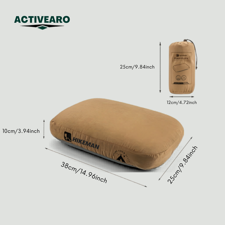 Camping pillow dimensions: 38 x 25 x 10 cm, stuff sack 25 x 12 cm