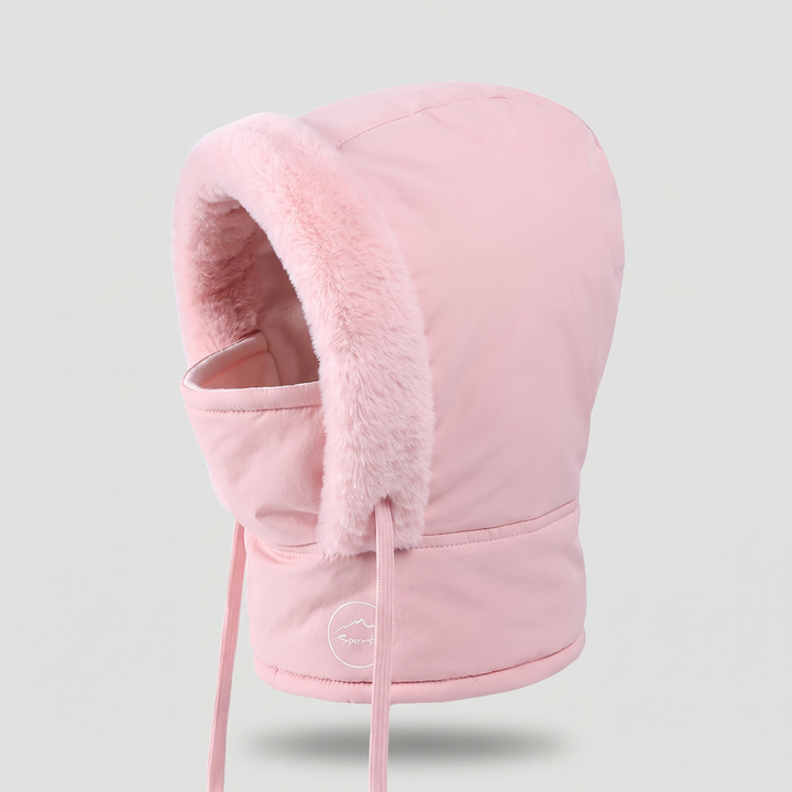 Hooded balaclava padded winter hood with plush trim and face mask in pale pink