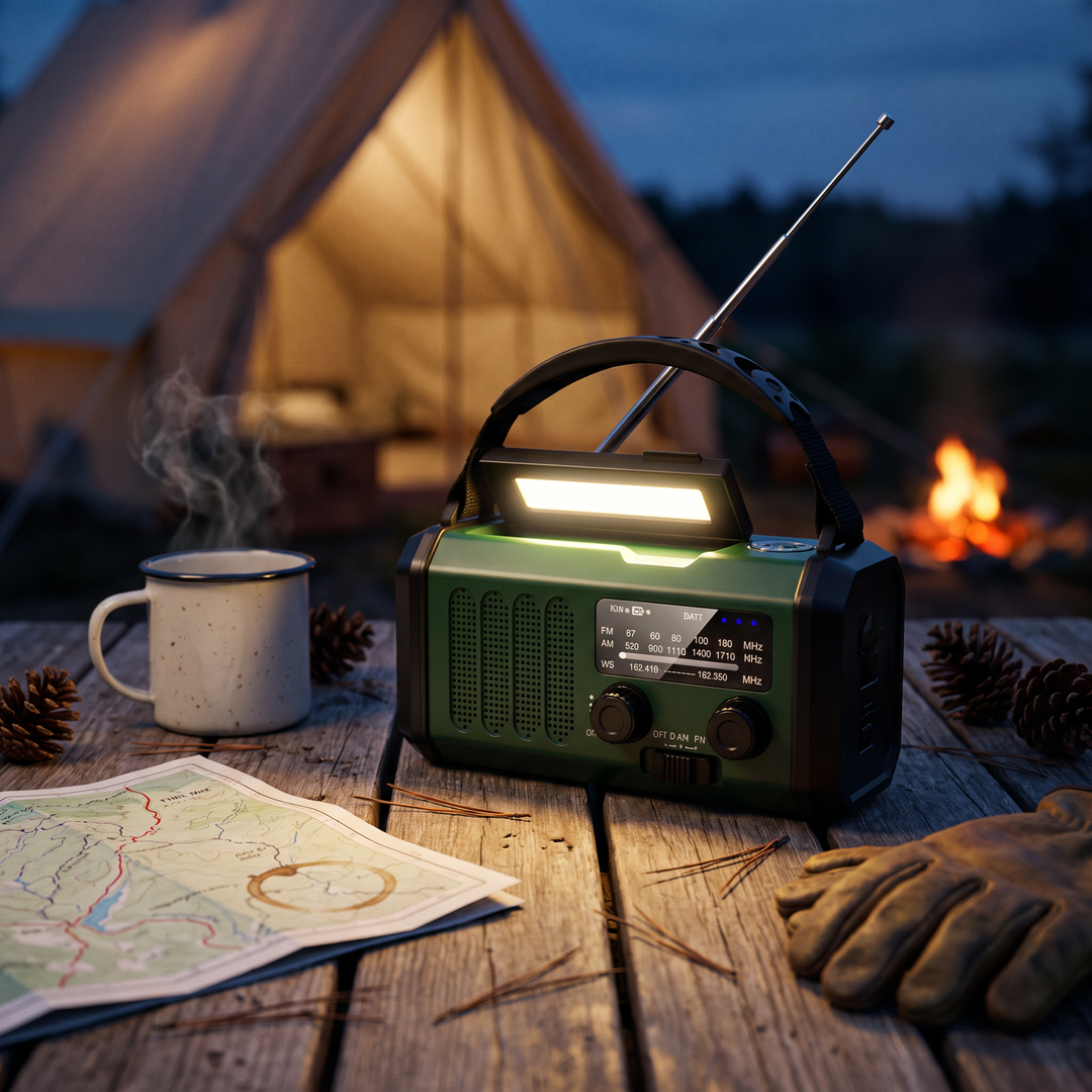 Green portable camping radio with its reading lamp lit on a camp table at dusk by a tent