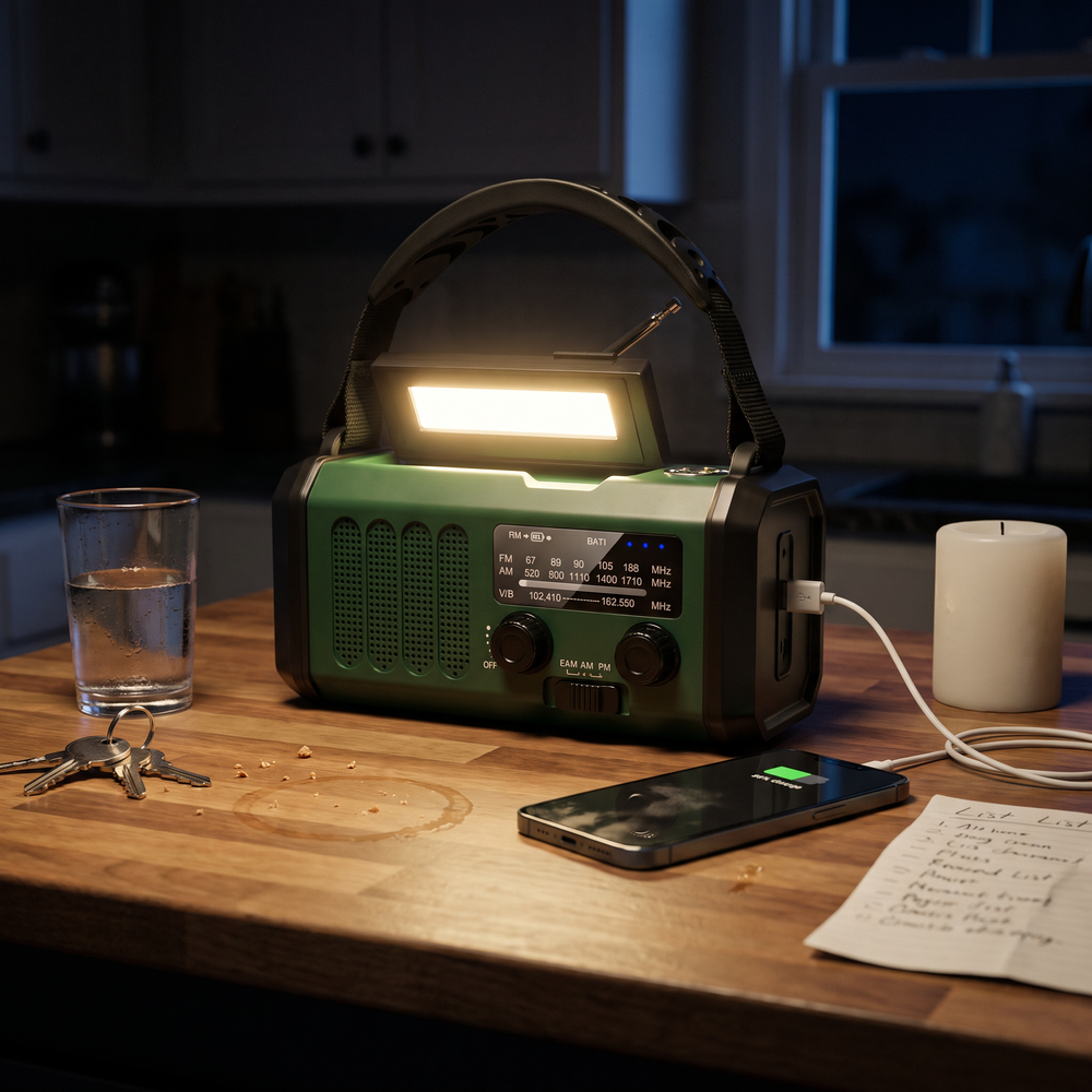 Green power outage radio lighting a dark kitchen counter and charging a phone during a blackout