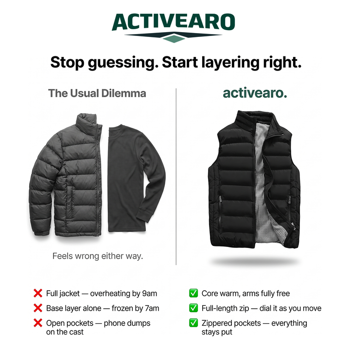 A full puffer jacket and a base layer compared with the Activearo puffer vest