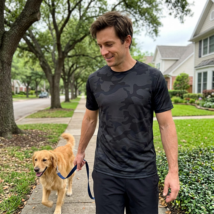 Men's Camo T-Shirt Black - male model walking dog in suburban neighborhood