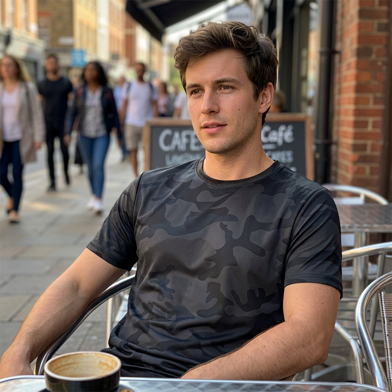 Men's Camo T-Shirt Black - male model at outdoor cafe