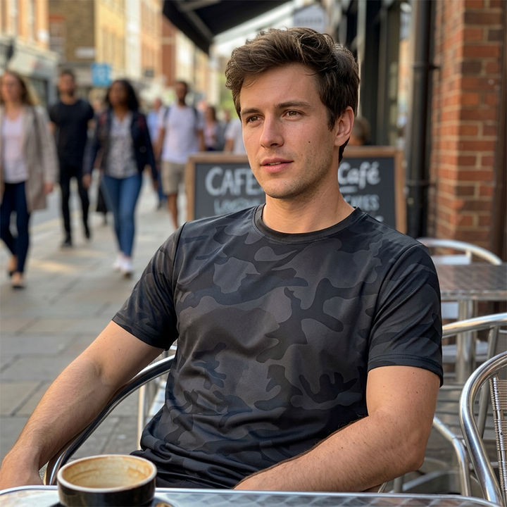 Men's Camo T-Shirt Black - male model at outdoor cafe