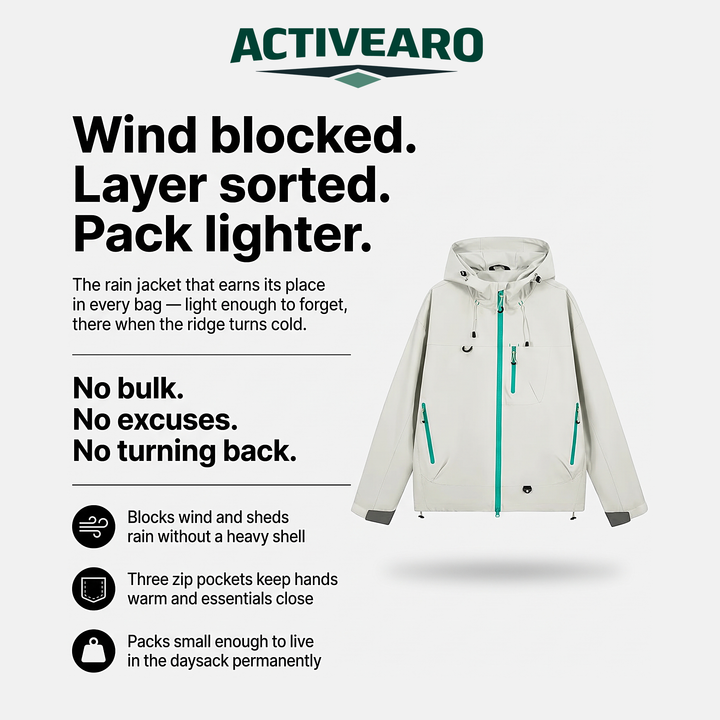 Activearo women's rain jacket infographic: blocks wind, sheds rain, three zip pockets, packs small