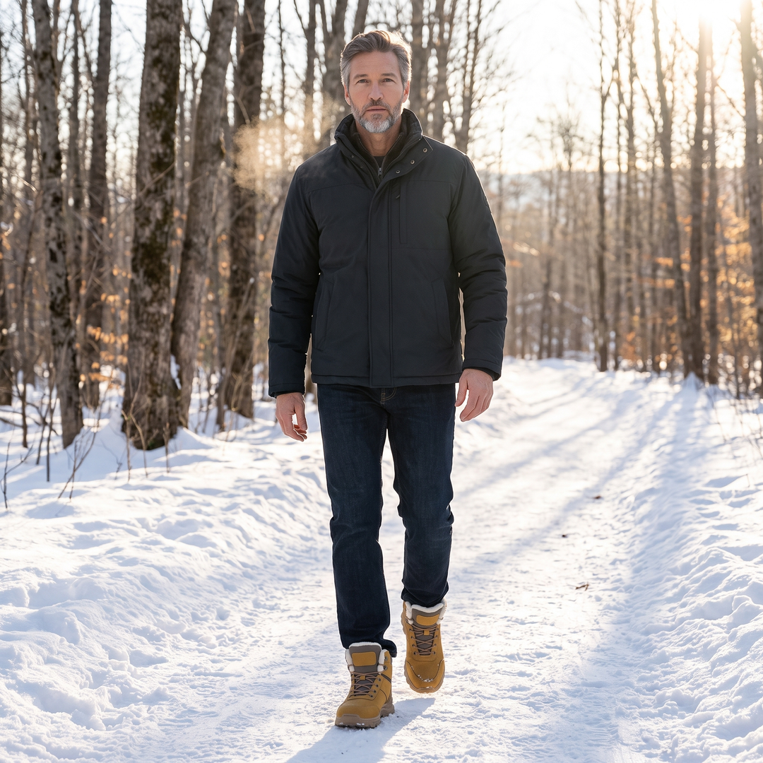 Man walking a snowy forest trail in Vermont in Camel winter hiking boots