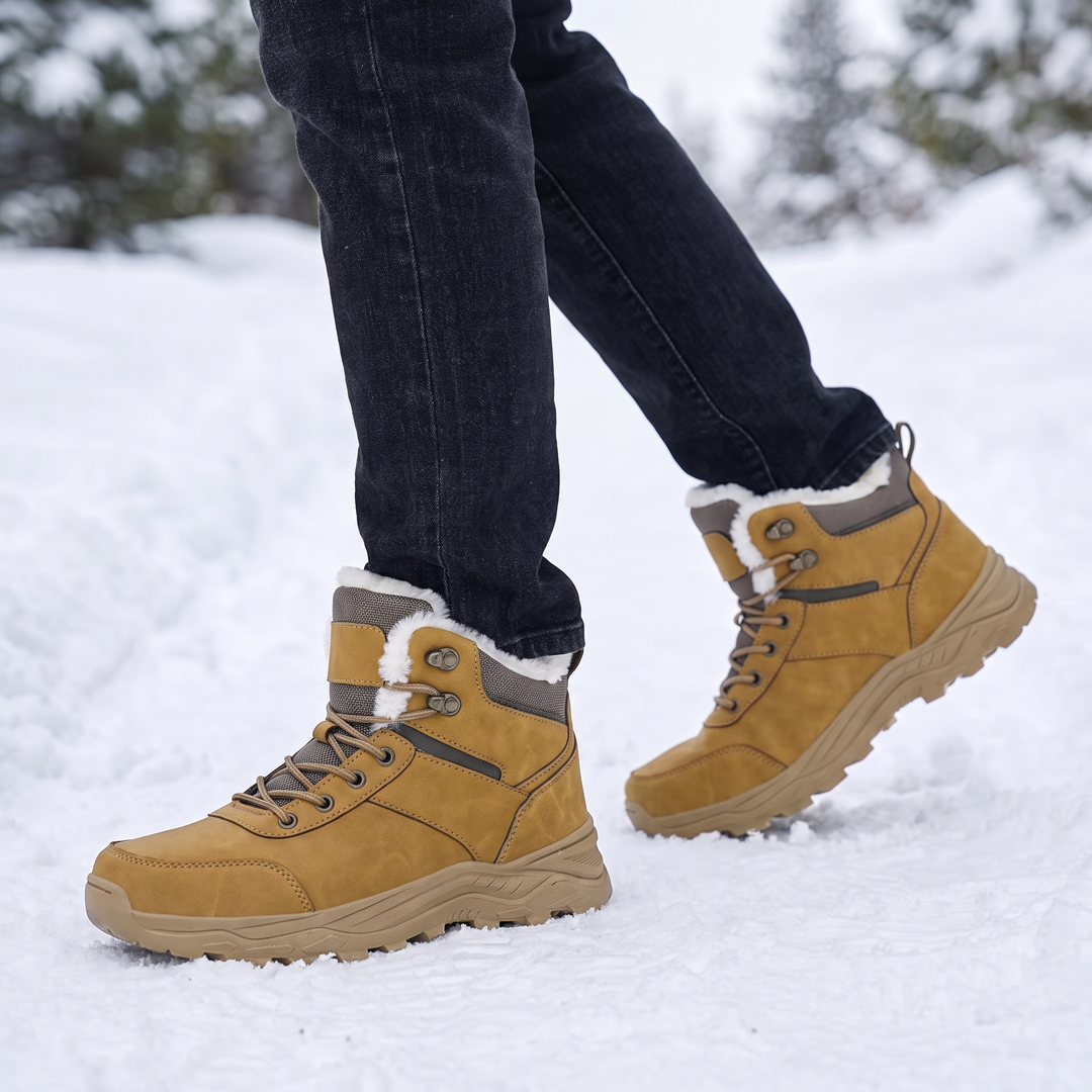 Camel boots on foot mid-stride on a packed snow trail