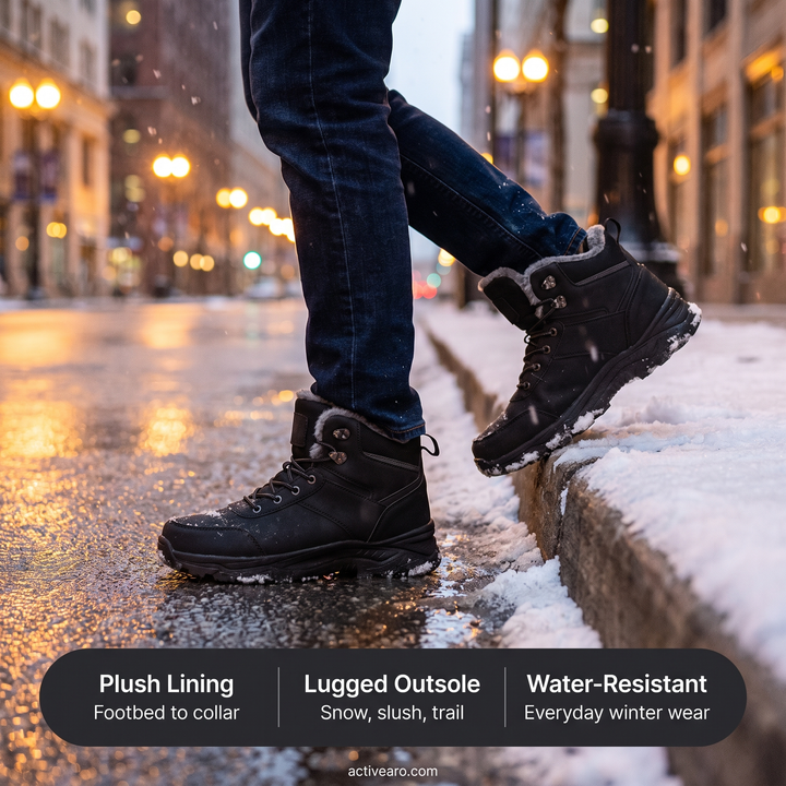 Black boots stepping off a snowy curb - plush lining, lugged outsole, water-resistant