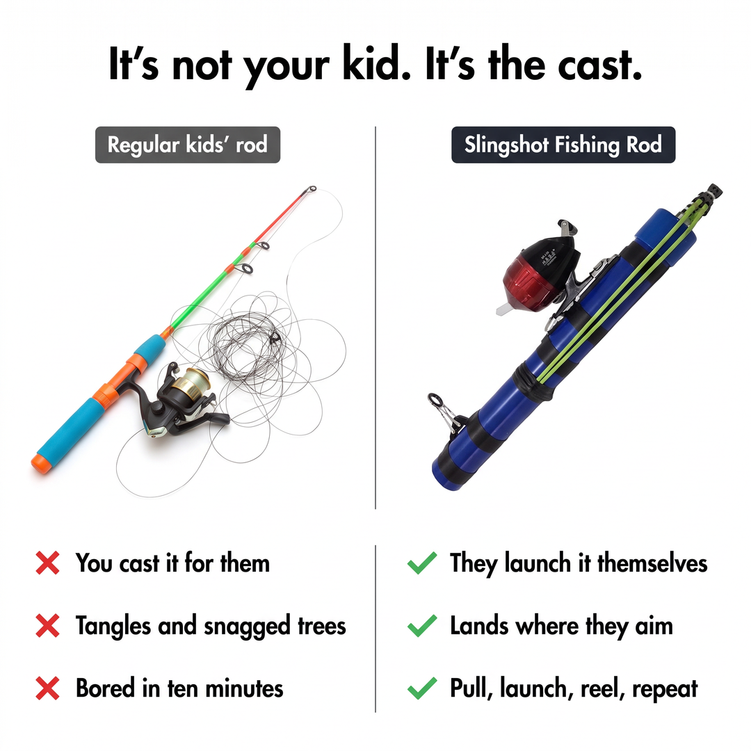 Slingshot fishing rod compared with a tangled regular kids fishing rod