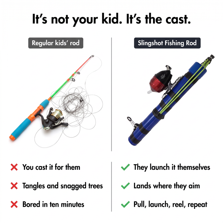 Slingshot fishing rod compared with a tangled regular kids fishing rod