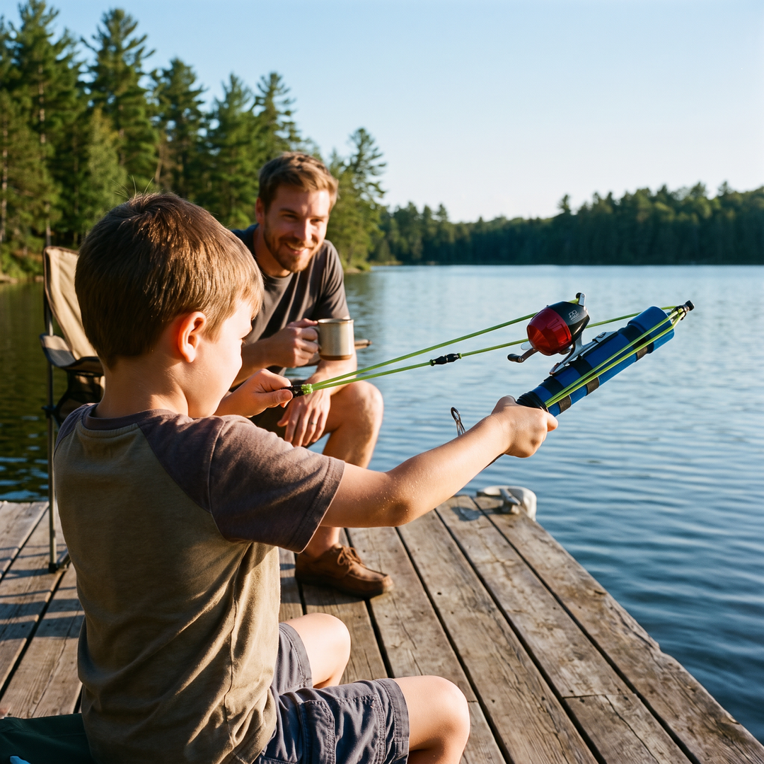 Boy launching the slingshot fishing rod from a dock while his dad relaxes