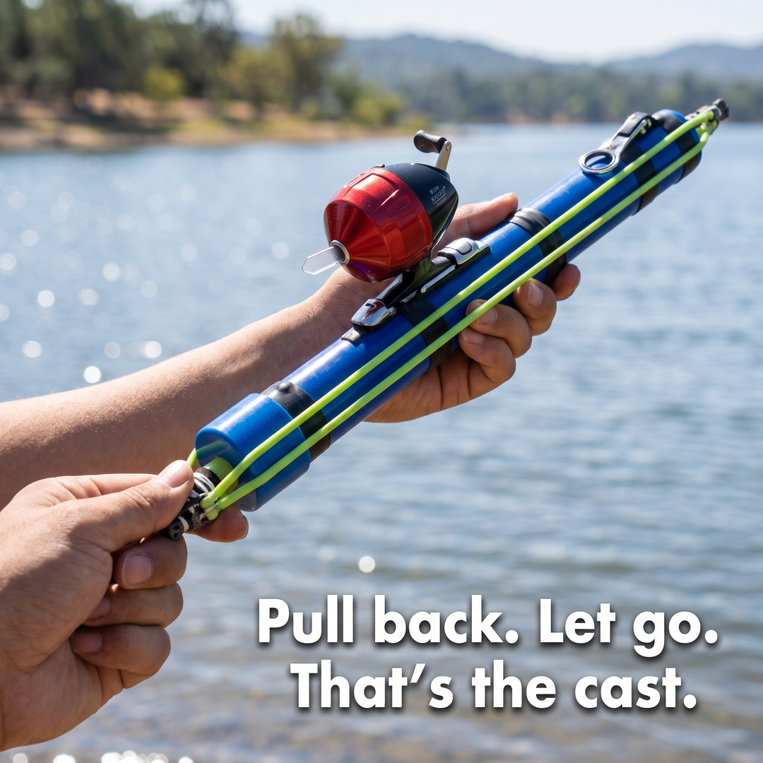 Hand pulling back the launch band of the slingshot fishing rod at a lake