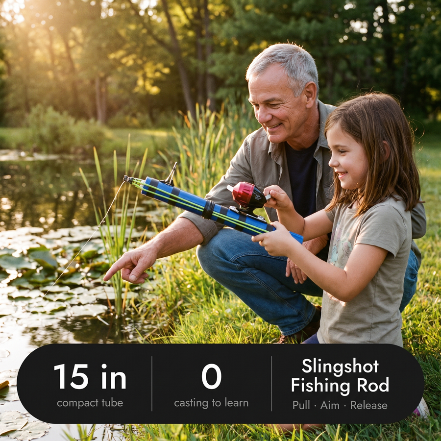 Grandfather and granddaughter reeling in with the slingshot fishing rod at a pond