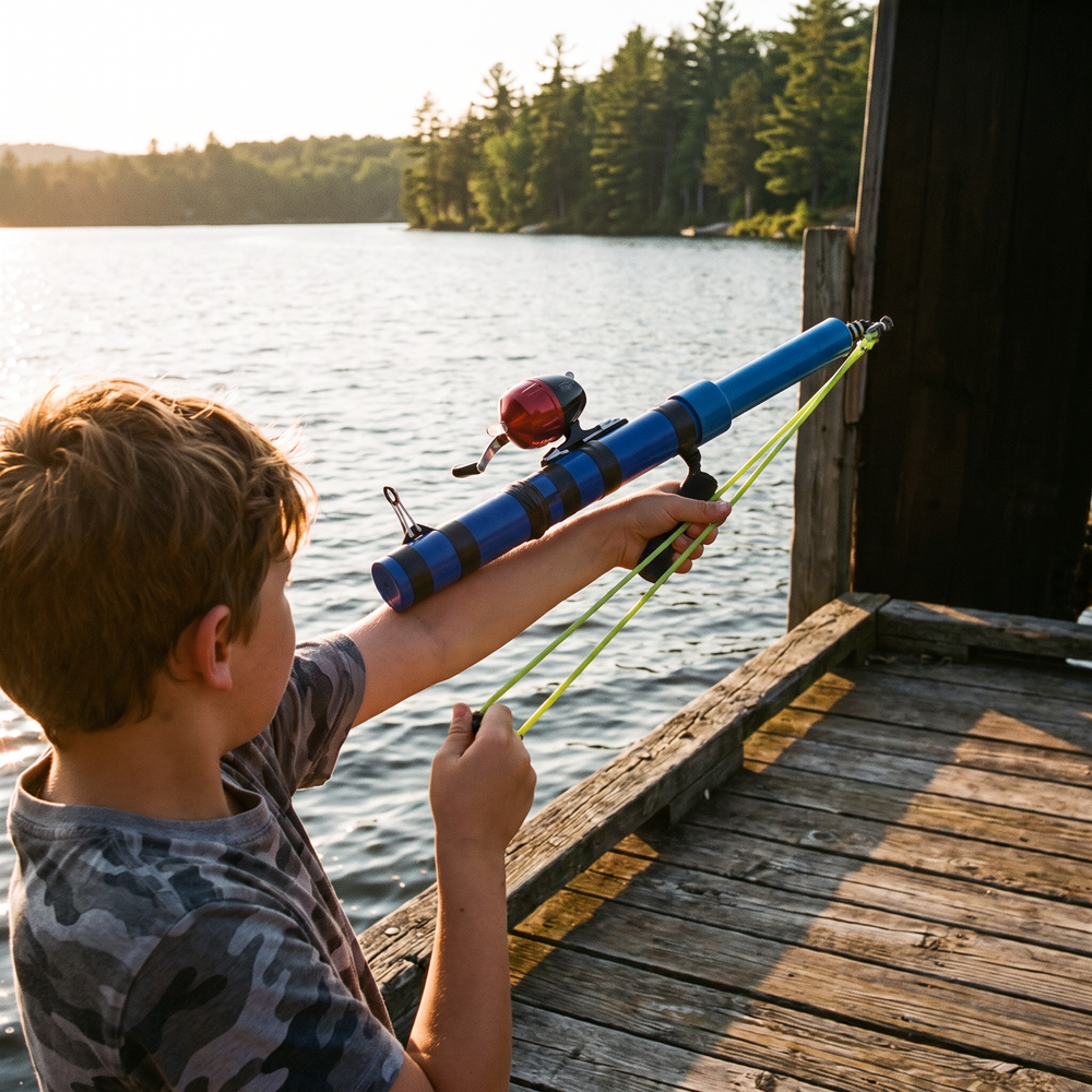 Boy on a dock pulling back the band of the slingshot fishing rod