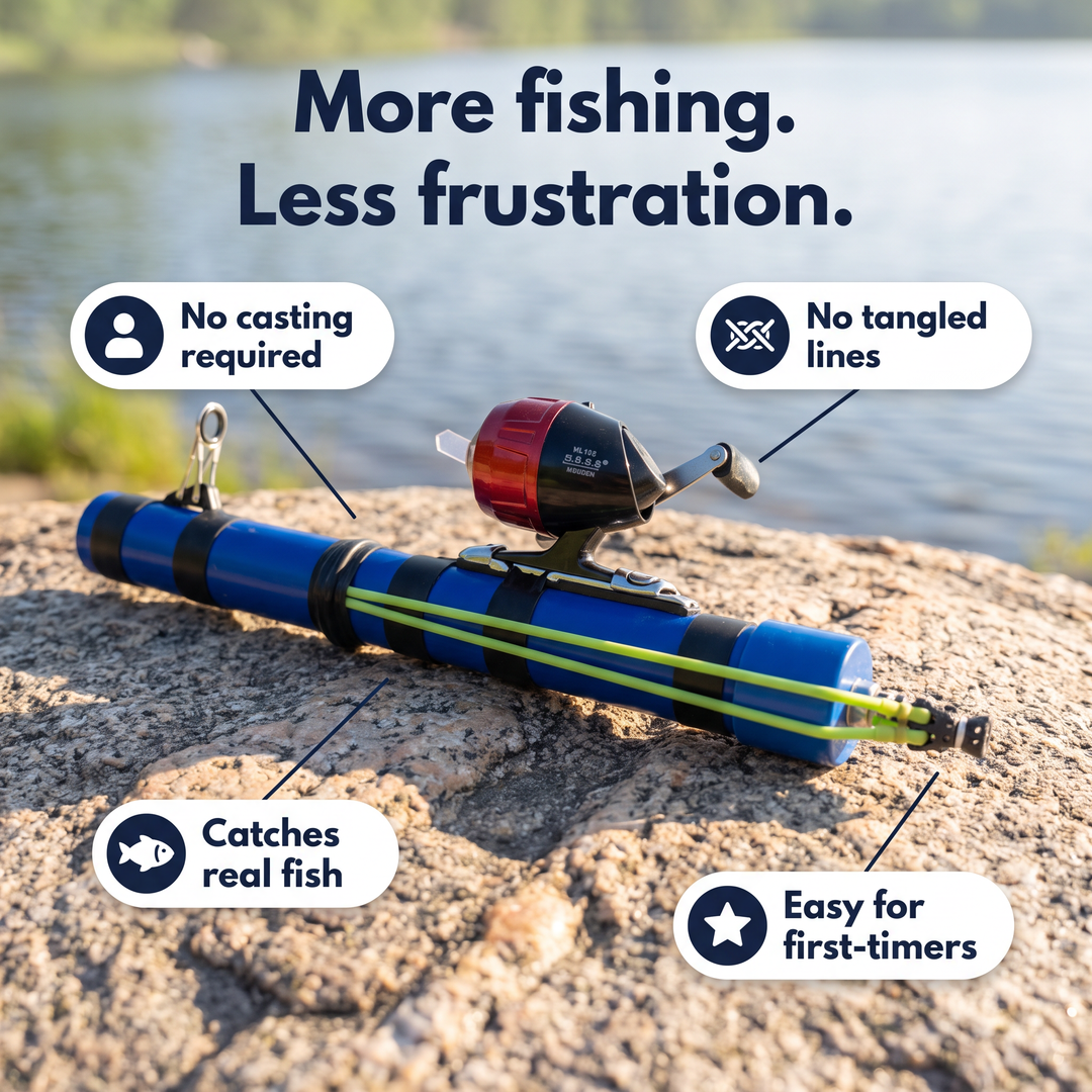 Slingshot fishing rod on a rock by a lake with callouts: no casting, no tangles, real fish
