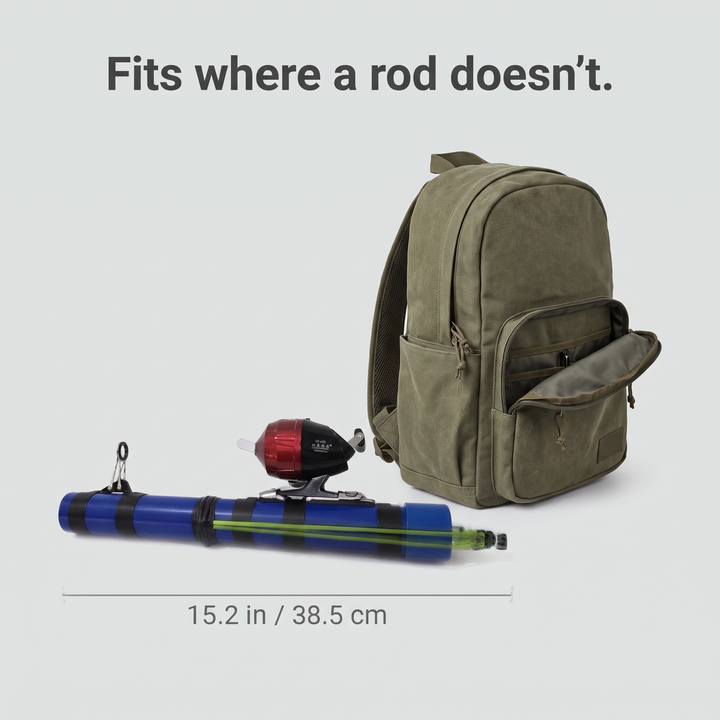 Compact 15.2 in slingshot fishing rod next to a daypack